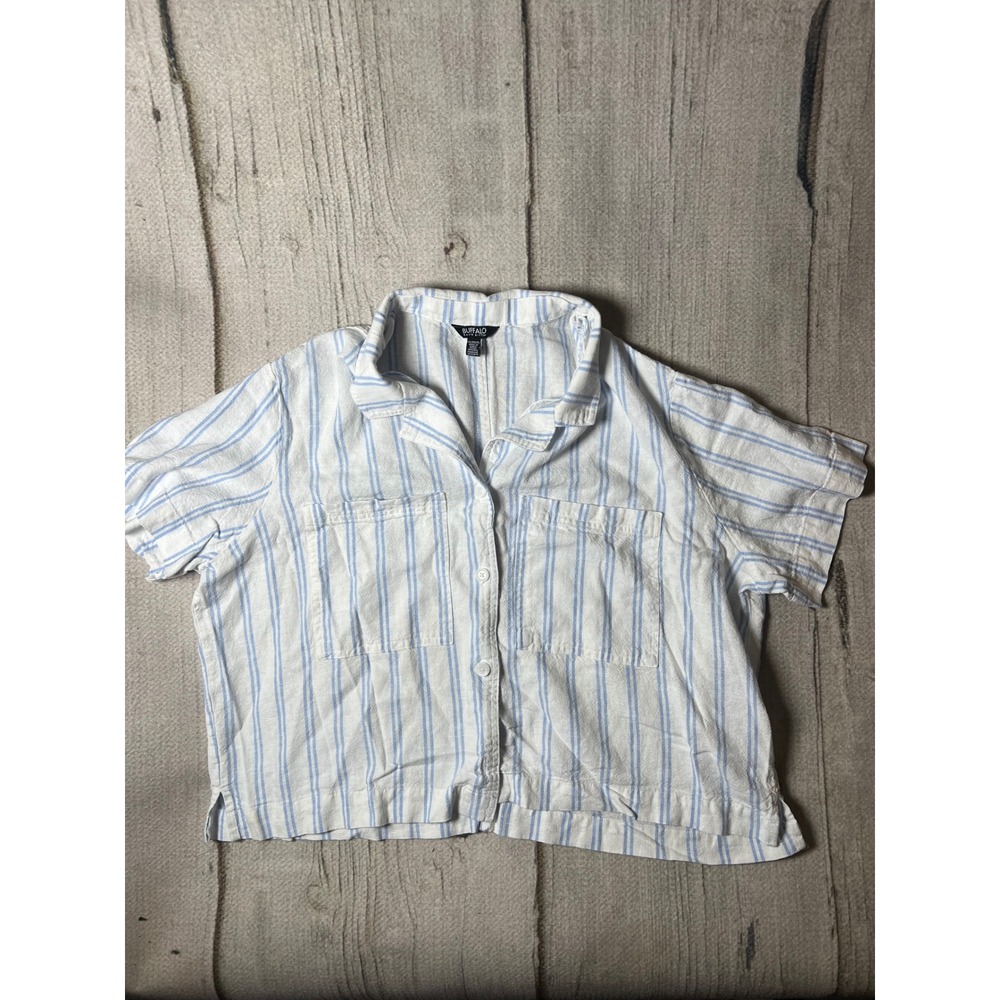Buffalo Shirt Womens XXL Blue Striped cropped Linen Blend Coastal Minimalist Top